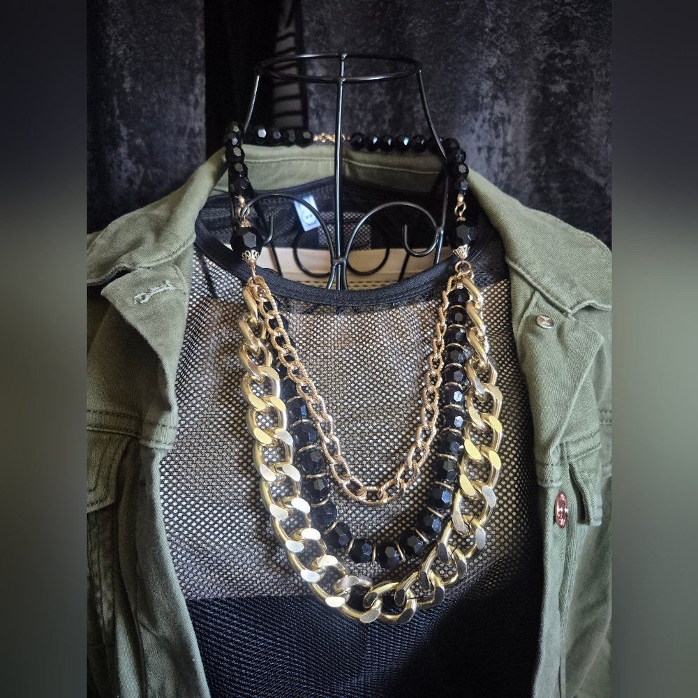 Vintage Gold Tone Chain and Black Bead Layered Necklace